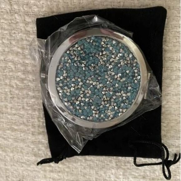 Cosmetic Mirror -  blue sparkle handheld cosmetic mirror with velvet dusty!  NEW - Picture 1 of 2